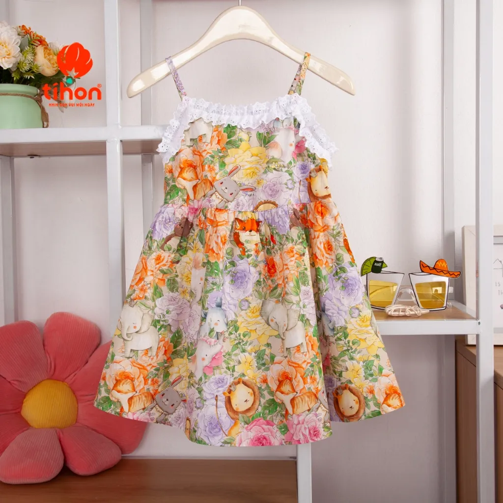 Ảnh Váy tiểu thư cho bé gái TIHON chất liệu thô thoáng mát họa tiết siêu xinh phối ren cho bé VT0786083 2