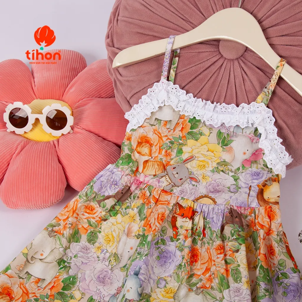 Ảnh Váy tiểu thư cho bé gái TIHON chất liệu thô thoáng mát họa tiết siêu xinh phối ren cho bé VT0786083 4
