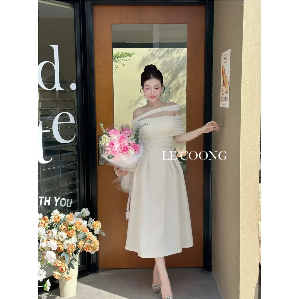 Ảnh Váy Tiểu Thư Dáng Dài Trễ Vai Thắt Đai   LECOONG V691 Đầm Đẹp Sang Chảnh Màu Đen Be 1