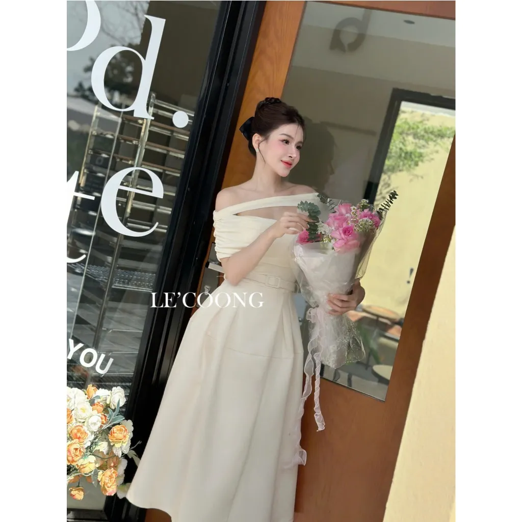 Ảnh Váy Tiểu Thư Dáng Dài Trễ Vai Thắt Đai   LECOONG V691 Đầm Đẹp Sang Chảnh Màu Đen Be 3