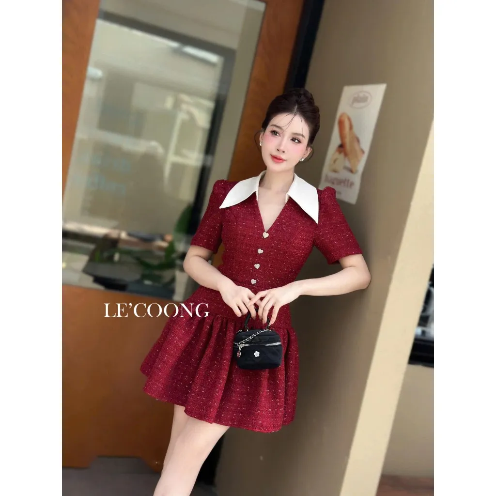 Ảnh Váy Tiểu Thư Dáng Ngắn Cổ V LECOONG V682  Đầm Đẹp Xòe Bồng Màu Đỏ Đen Xanh 3