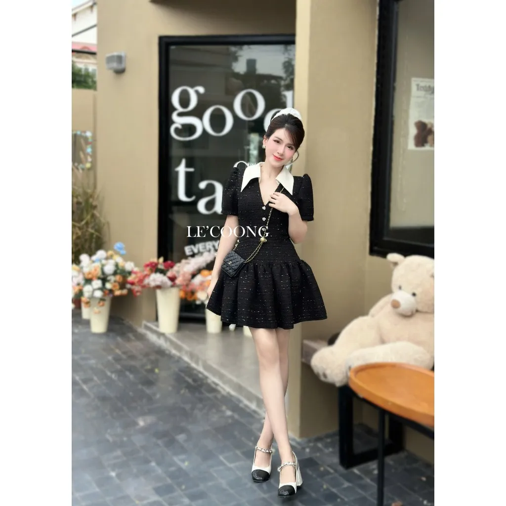 Ảnh Váy Tiểu Thư Dáng Ngắn Cổ V LECOONG V682  Đầm Đẹp Xòe Bồng Màu Đỏ Đen Xanh 4