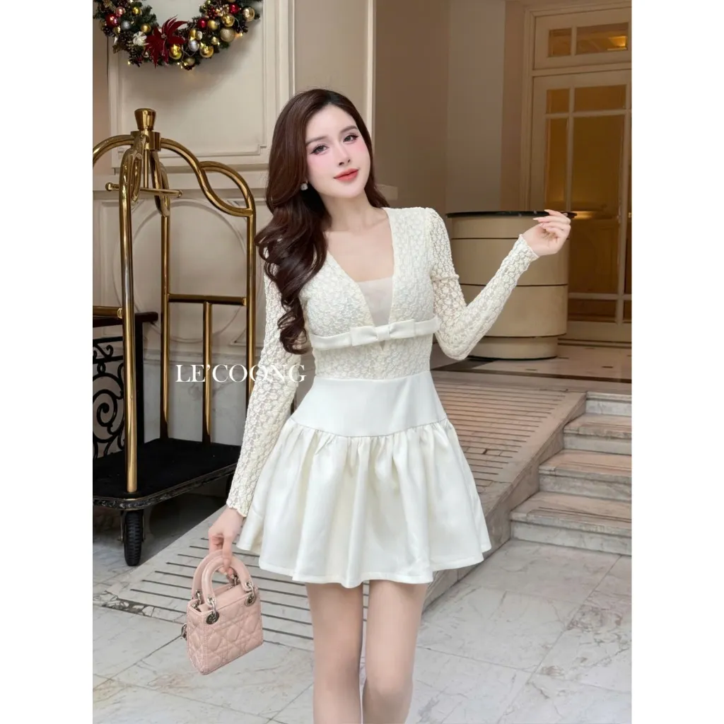 Ảnh Váy Tiểu Thư Dáng Ngắn Hai Màu Đen Be Đỏ LECOONG V709  Đầm Đẹp Phối Ren Đính Nơ Sang Chảnh 1