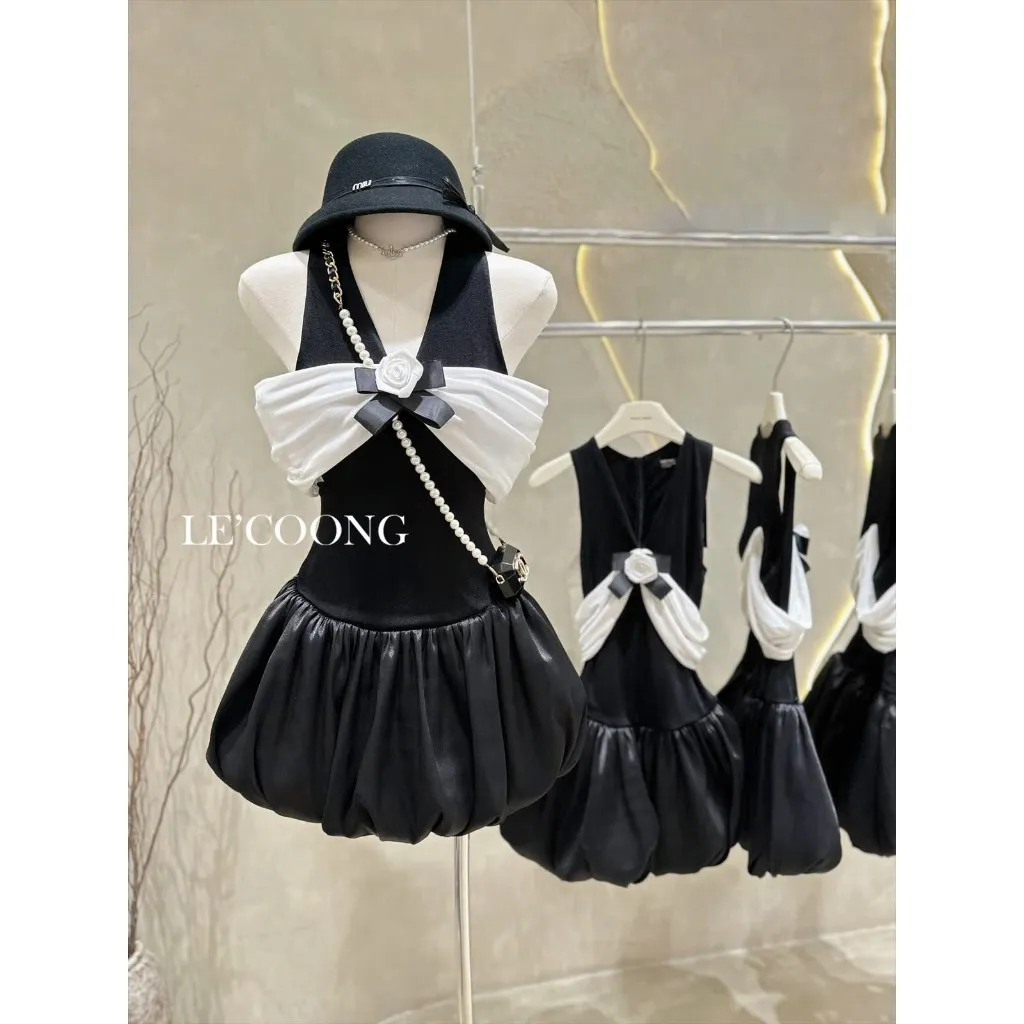 Ảnh Váy Tiểu Thư Dáng Ngắn Trễ Vai Đính Nơ LECOONG V672  Đầm Đẹp Sang Chảnh 2