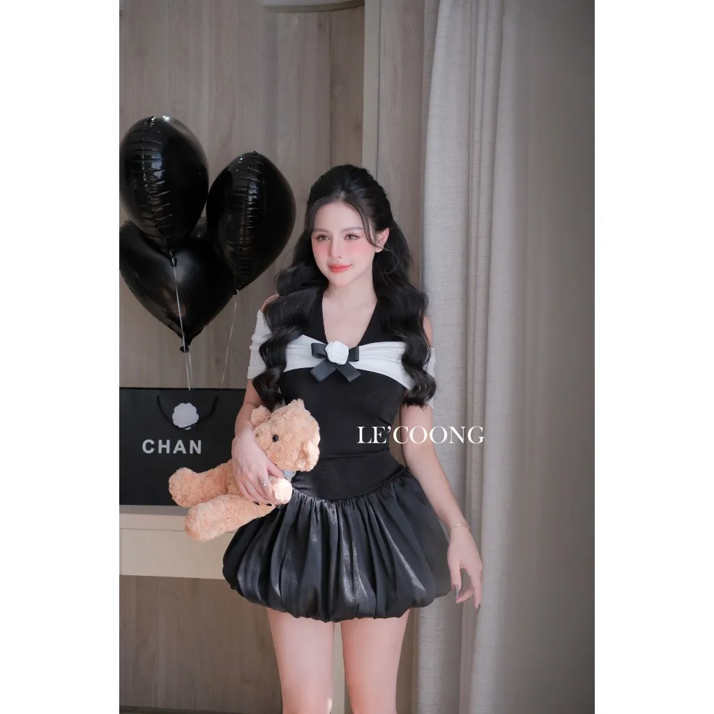Ảnh Váy Tiểu Thư Dáng Ngắn Trễ Vai Đính Nơ LECOONG V672  Đầm Đẹp Sang Chảnh 3