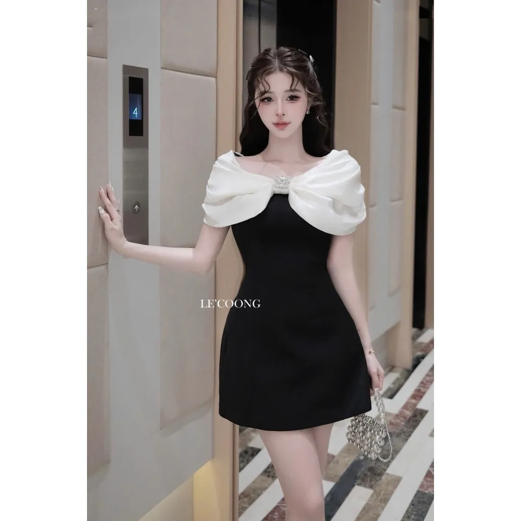 Ảnh Váy Tiểu Thư Dáng Ngắn Trễ Vai Đính Đá  LECOONG V756 Đầm Thiết Kế Đẹp Phối Đen Be Sang Chảnh 2
