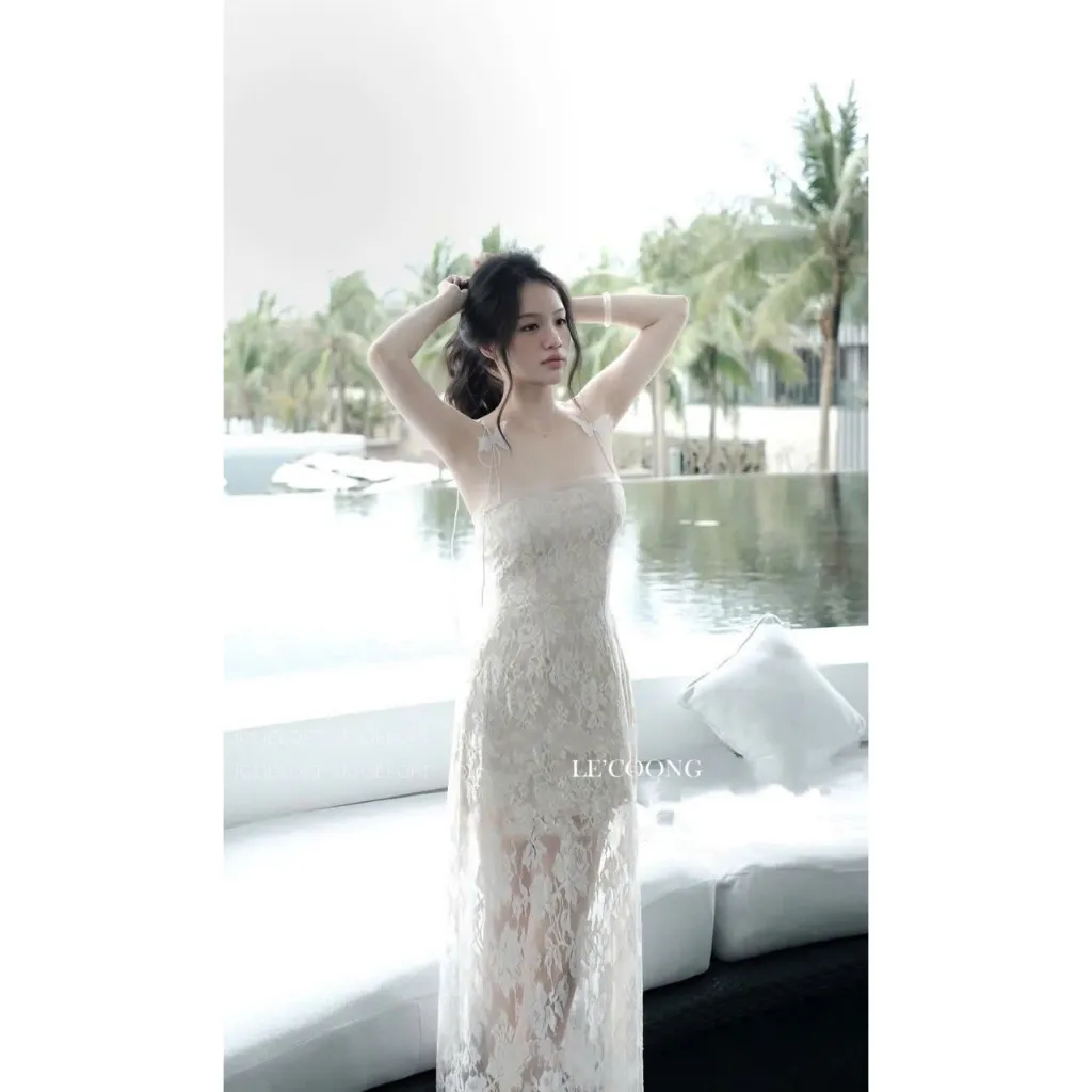 Ảnh Váy Tiểu Thư Hai Dây Dáng Dài Phối Ren Hoa LECOONG V766 Đầm Đẹp Đi Biển Màu Trắng Sang Chảnh 1