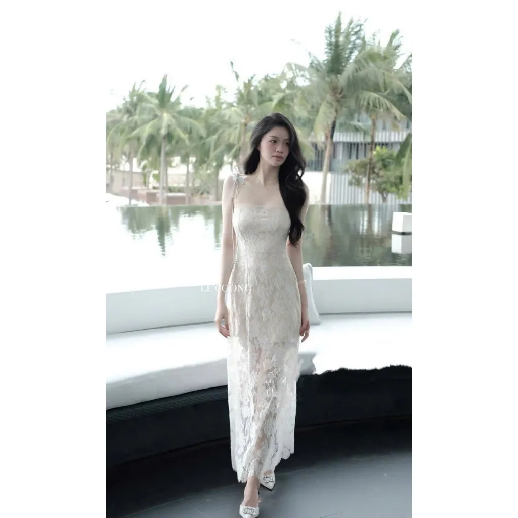 Ảnh Váy Tiểu Thư Hai Dây Dáng Dài Phối Ren Hoa LECOONG V766 Đầm Đẹp Đi Biển Màu Trắng Sang Chảnh 4