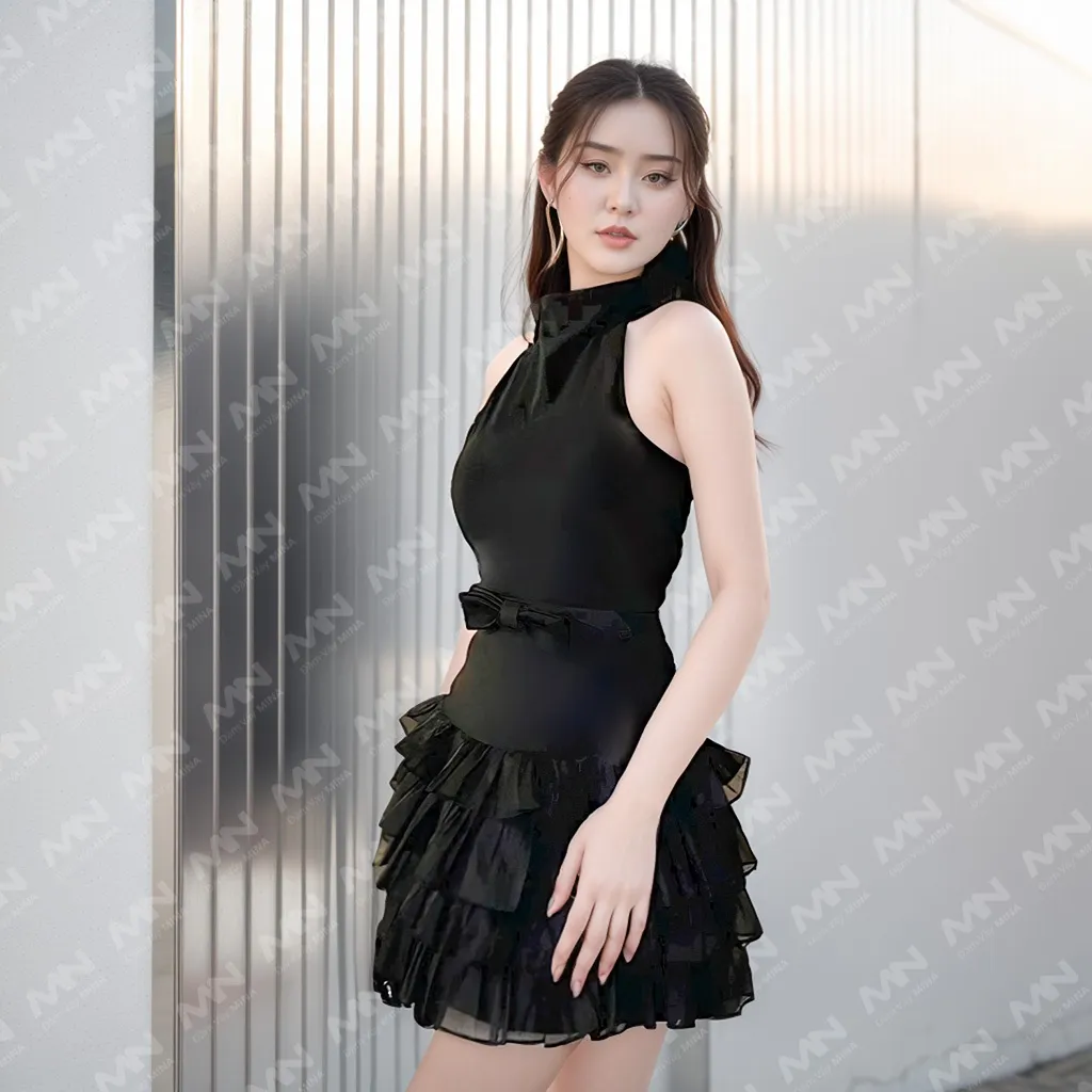 Ảnh Váy tiểu thư MINA hở lưng ôm body xếp tầng ngắn mini thiết kế cổ lọ dự tiệc, đi chơi chất Cotton Nhật MN259 1