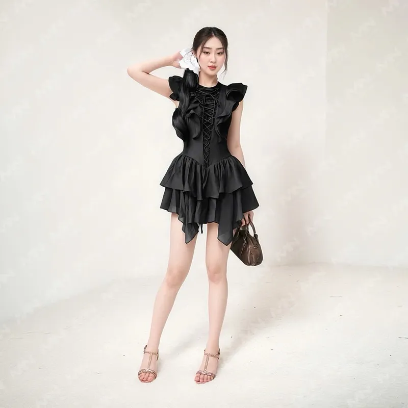 Ảnh Váy tiểu thư MINA thiết kế cổ tròn dáng xoè bèo chất liệu Cotton phối lụa  - MN296 2
