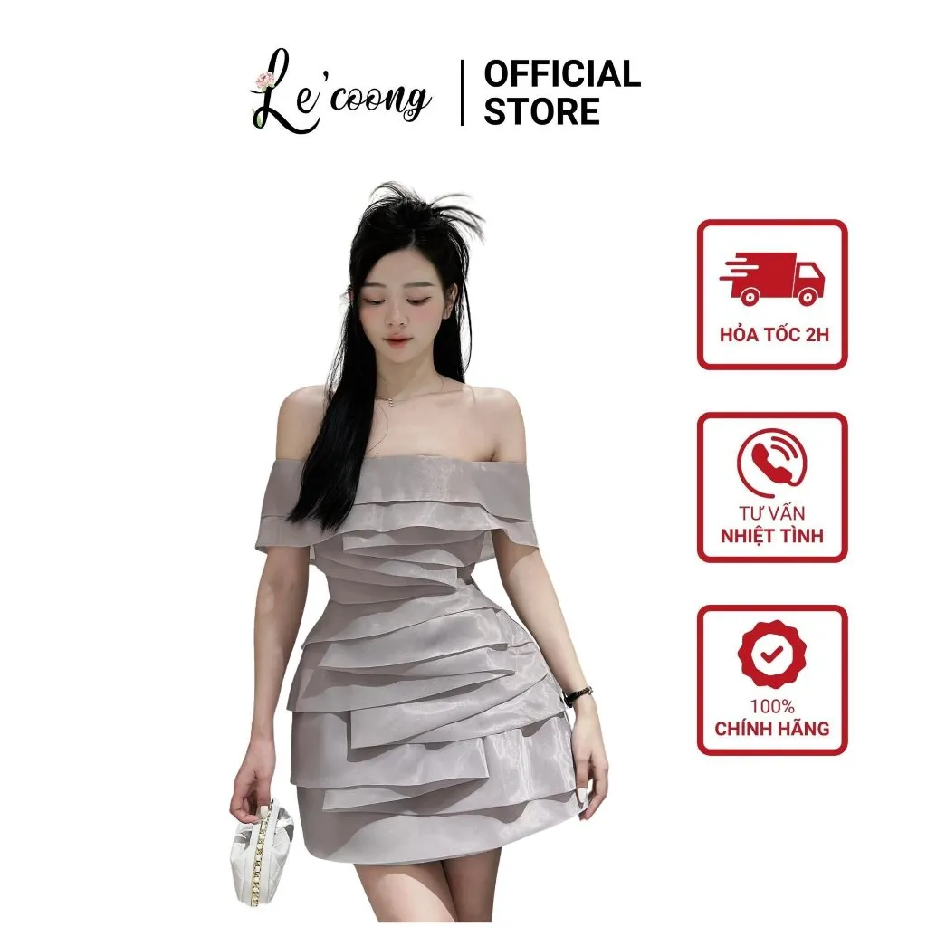 Ảnh Váy Trễ Vai Dáng Ngắn LECOONG V464 Đầm Dự Tiệc Chất Tơ Xếp Tầng Xám Be 1