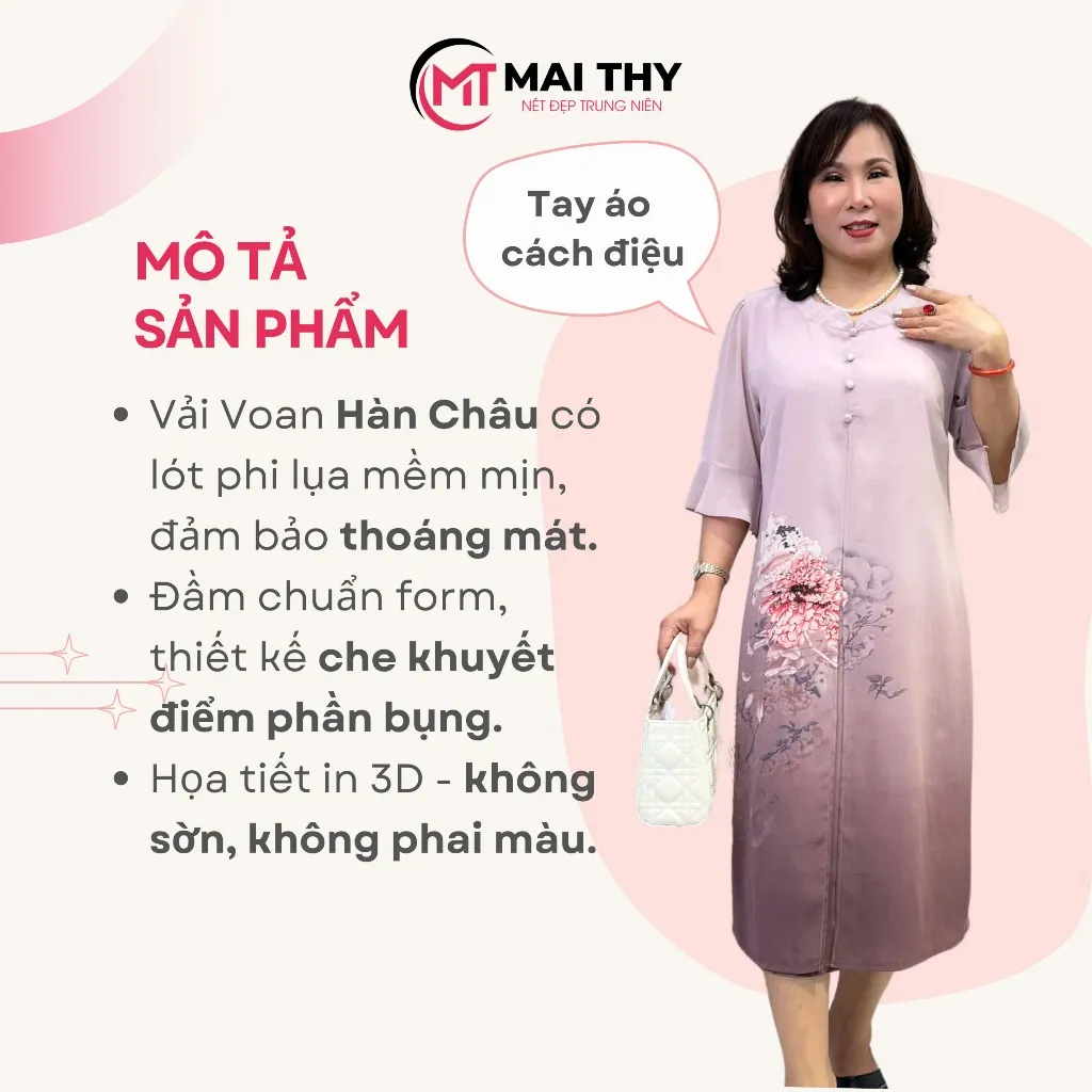 Ảnh Váy Trung Niên MAI THY D804, Mẫu Đầm Cho Mẹ Đi Tiệc Xẻ Tà Cổ Tàu Tay Lỡ | Thời Trang Trung Niên U50 1