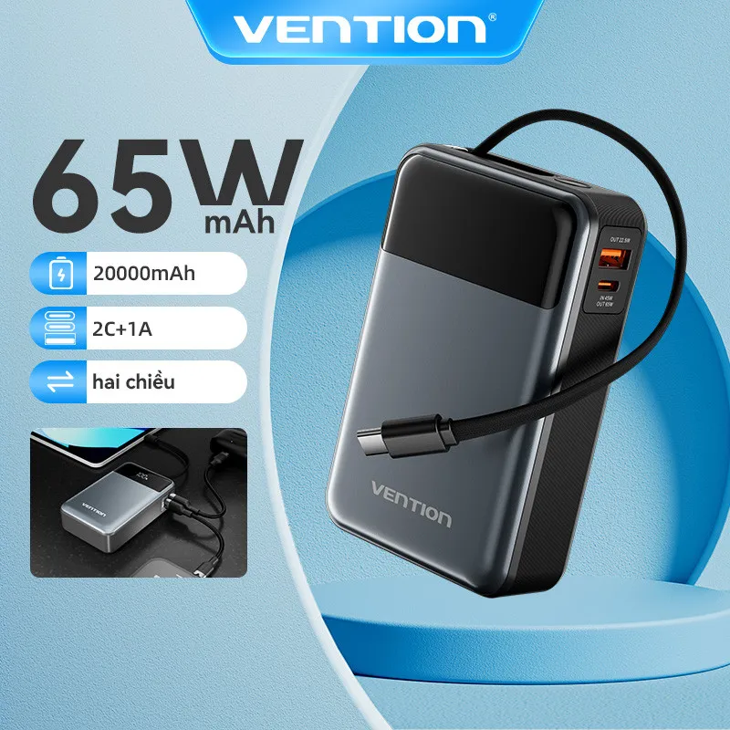 Đánh giá Vention 65W Power Bank 20000mAh: Sạc Nhanh PD Có Cáp, Màn Hình Số