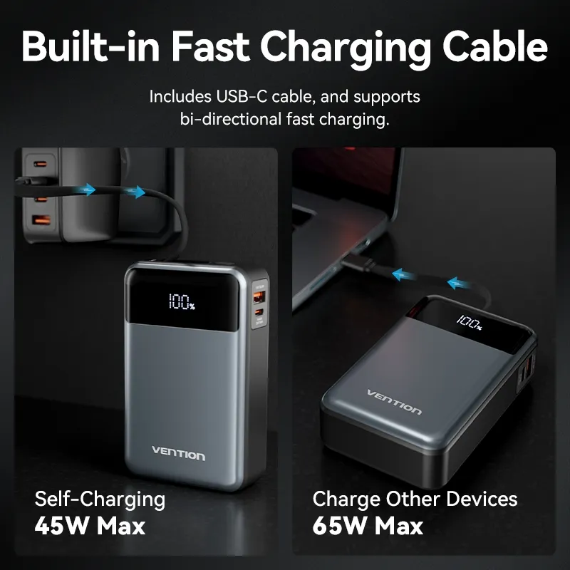 Ảnh Vention 65W Power Bank có cáp 20000mAh Màn hình kỹ thuật số sạc nhanh PD ba chiều cho điện thoại 4