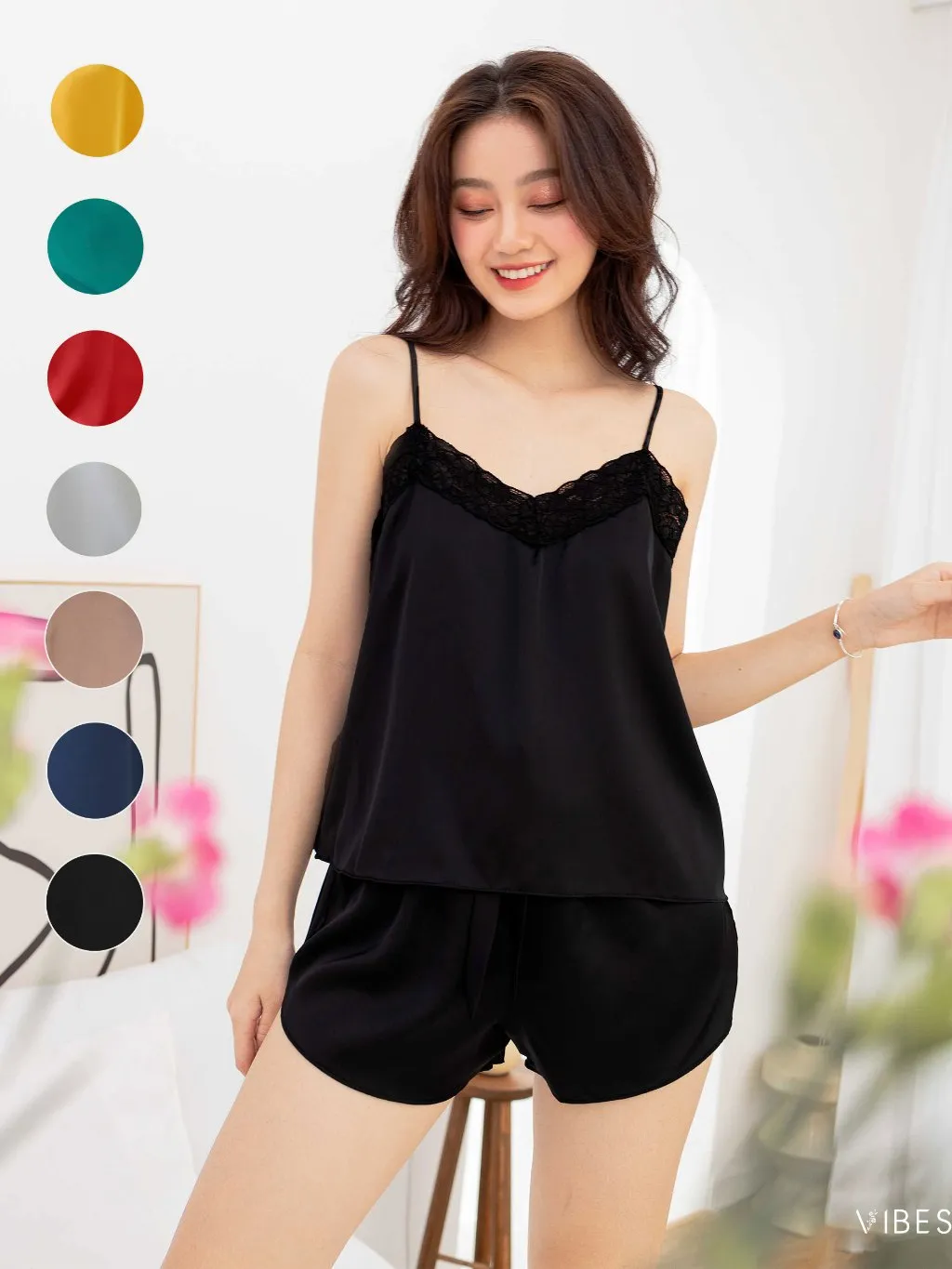 Ảnh VIBES Đồ bộ 2 dây mặc nhà Lụa trơn cao cấp Silk Straps Set 1