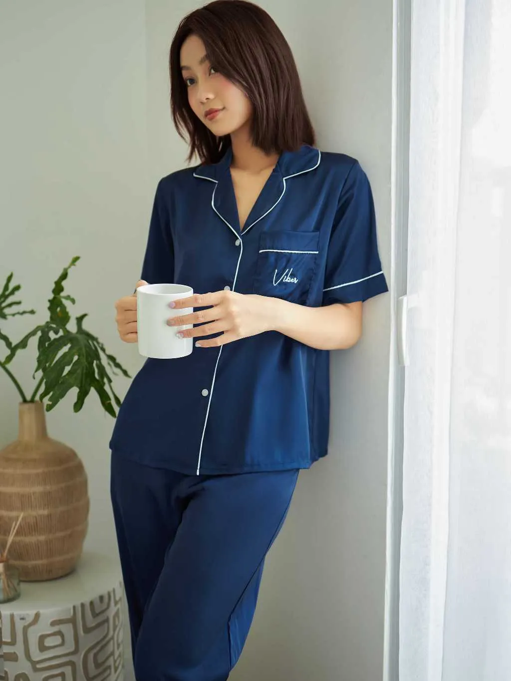 Ảnh VIBES Đồ bộ Pijama dài Lụa trơn cao cấp Navy Long Py Set 3