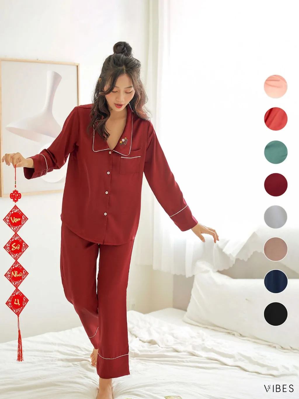 Ảnh VIBES Đồ bộ Pijama dài tay Lụa trơn cao cấp Emma Long Sleeve Py Set 1