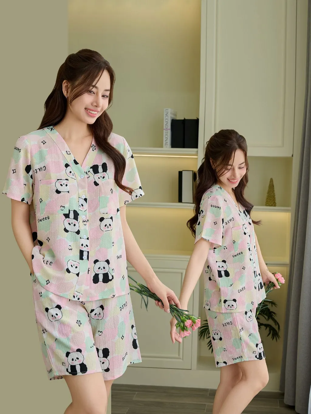 Ảnh VIBES Đồ bộ Pijama ngắn cổ V chất đũi xốp Mon Py Set 3
