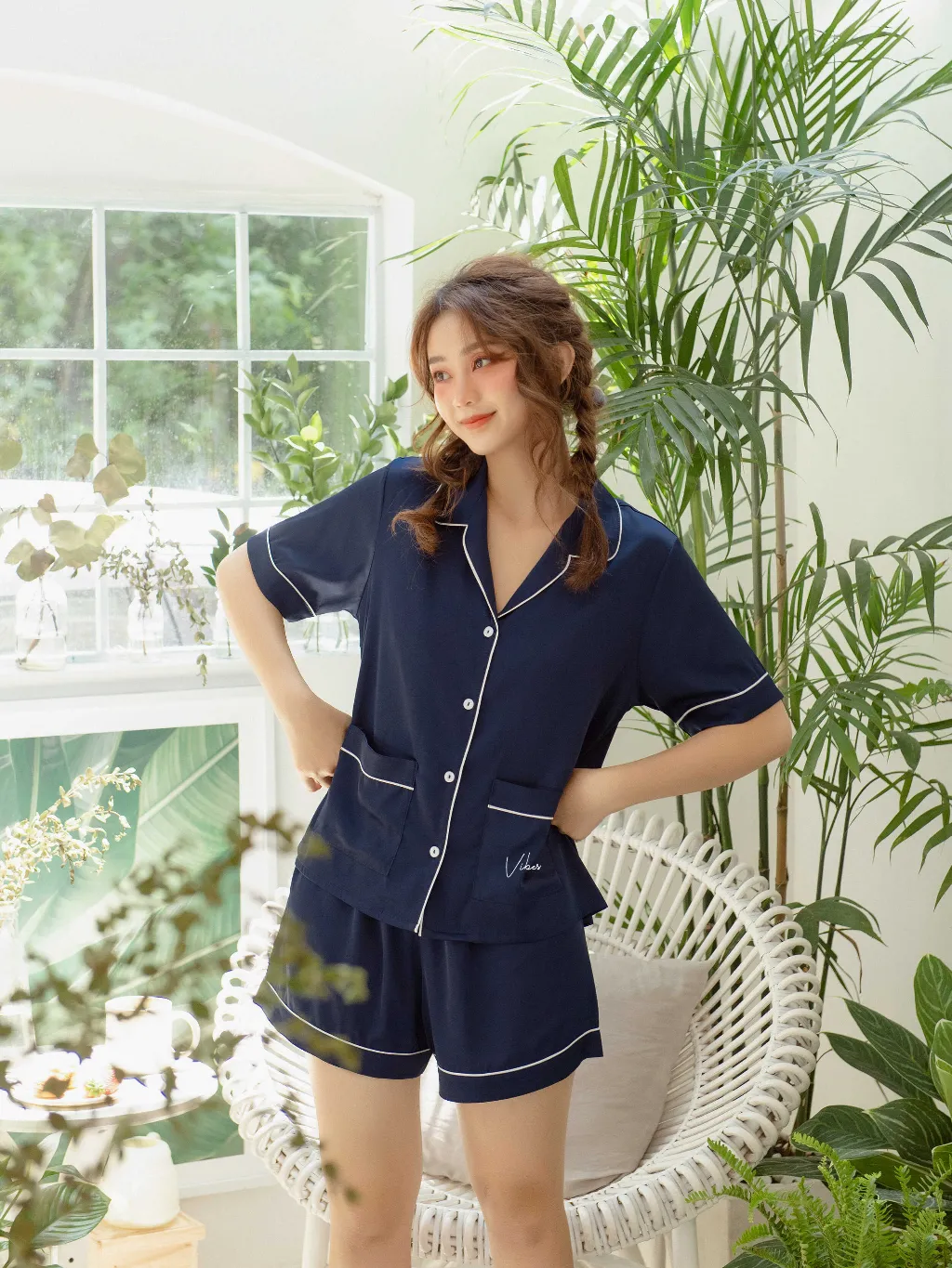 Ảnh VIBES Đồ bộ Pijama ngắn Lụa trơn cao cấp Navy Silk Py Set 1