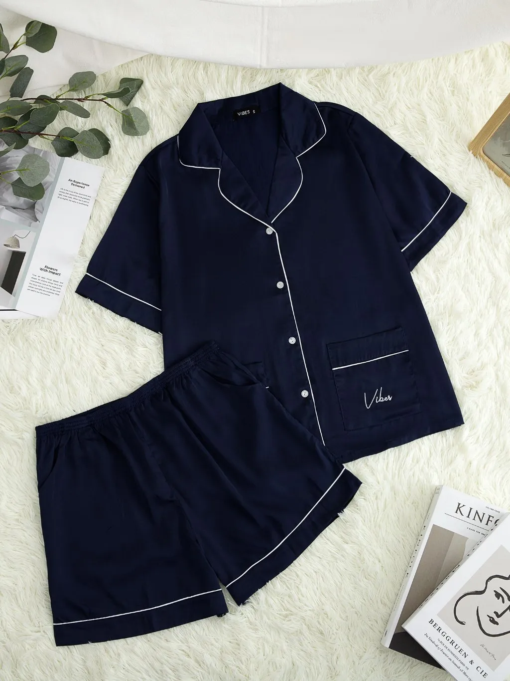 Ảnh VIBES Đồ bộ Pijama ngắn Lụa trơn cao cấp Navy Silk Py Set 4