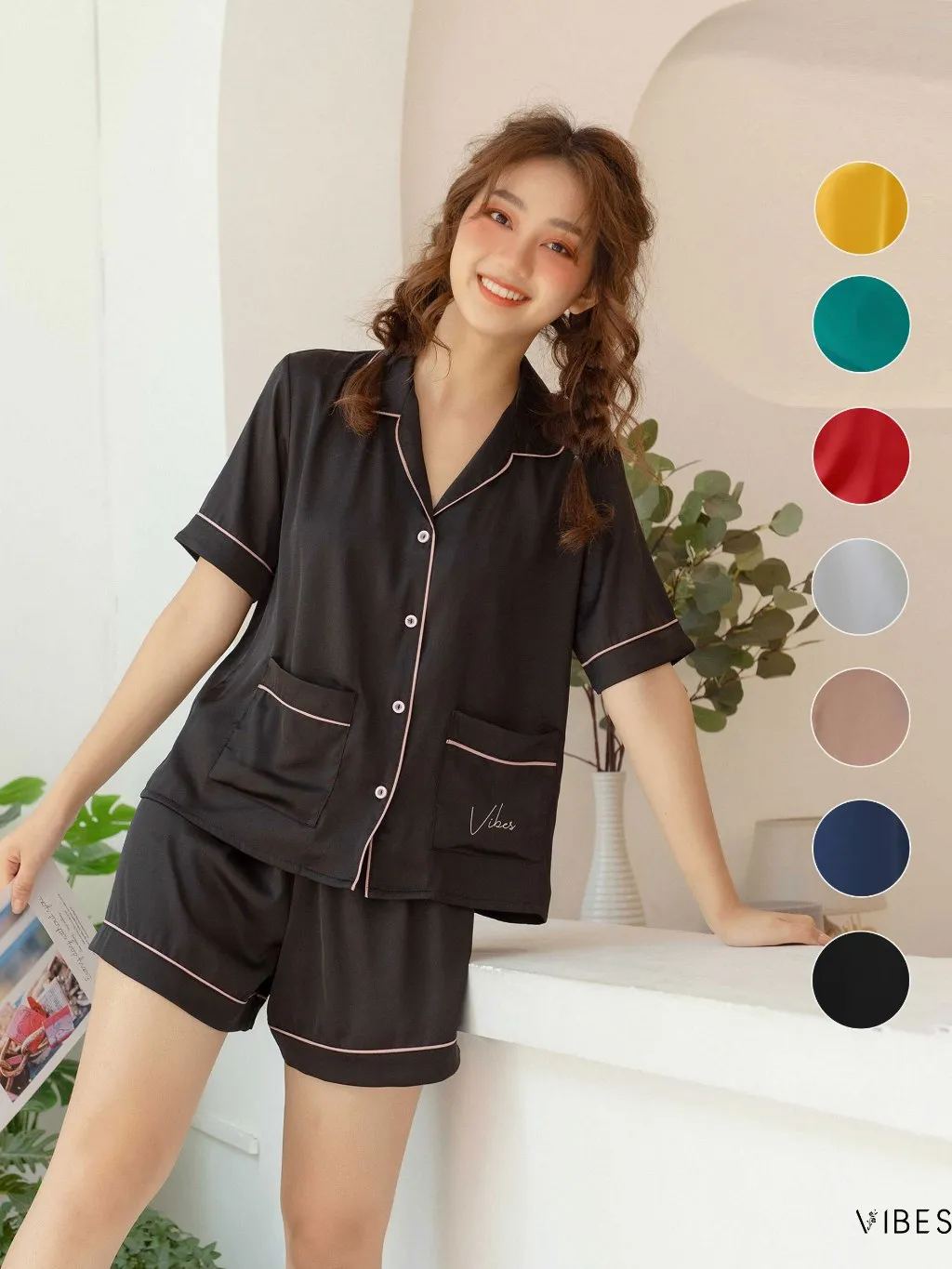 Ảnh VIBES Đồ bộ Pijama ngắn Lụa trơn cao cấp Silk Py Set 1