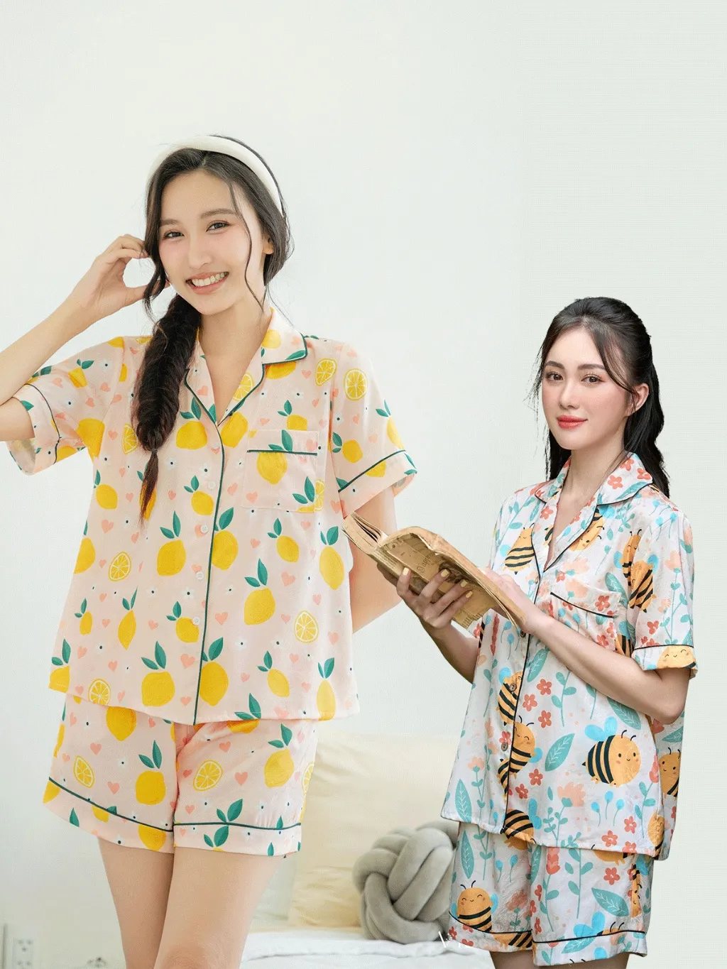 Ảnh VIBES Đồ bộ Pijama ngắn Lụa Gấm cao cấp họa tiết dễ thương Bee Py Set 1