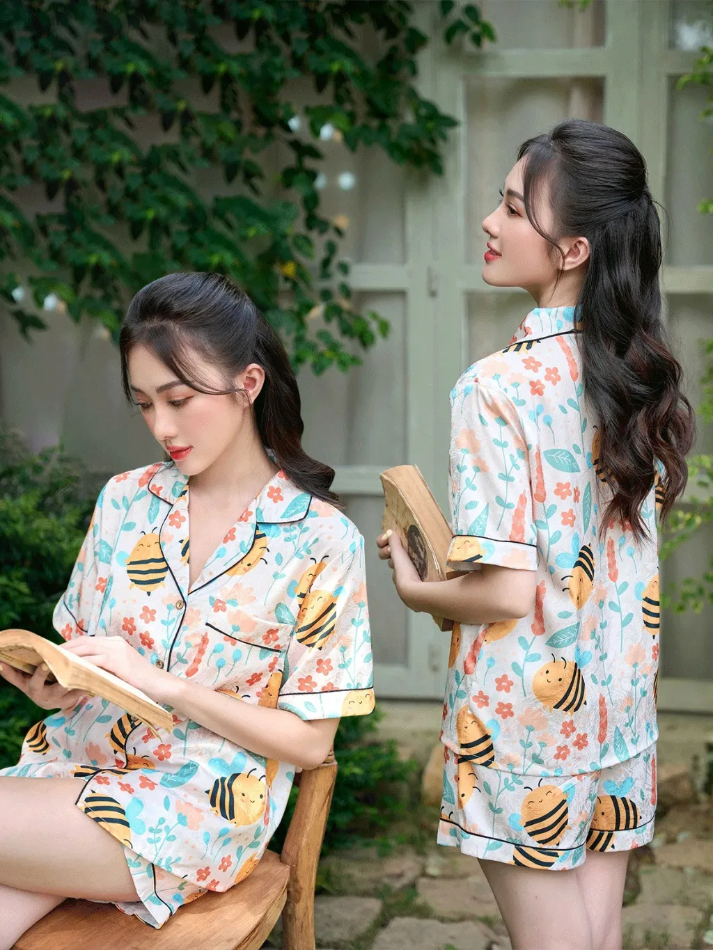 Ảnh VIBES Đồ bộ Pijama ngắn Lụa Gấm cao cấp họa tiết dễ thương Bee Py Set 2
