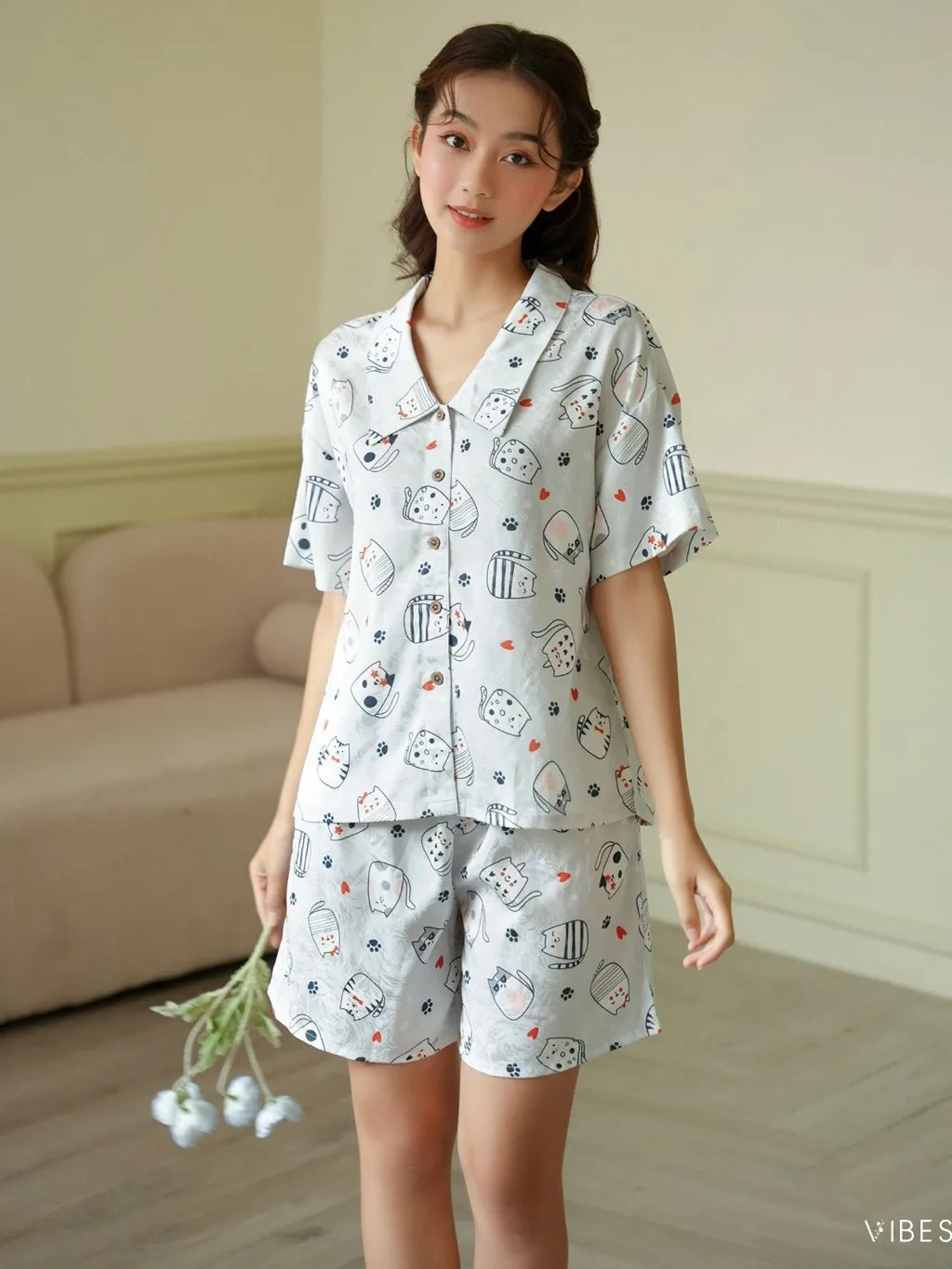 Ảnh VIBES Đồ bộ Pijama ngắn Lụa Gấm cao cấp Naomi Py Set 1
