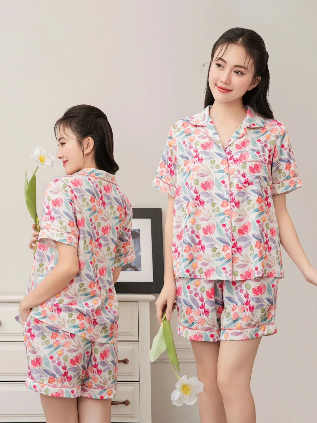 Ảnh VIBES Pijama ngắn Lụa gấm họa tiết hoa nhí Lucie Py Set 3