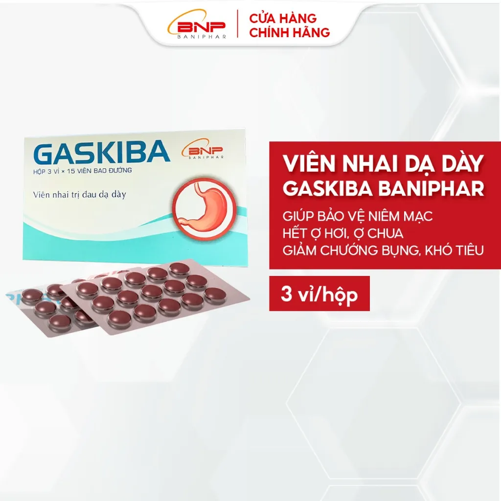 Ảnh Viên Nhai Dạ Dày Gaskiba BANIPHAR Giúp Bảo Vệ Niêm Mạc, Hết Ợ Hơi, Ợ Chua Giảm Chướng Bụng, Khó Tiêu Hộp 3 Vỉ 1