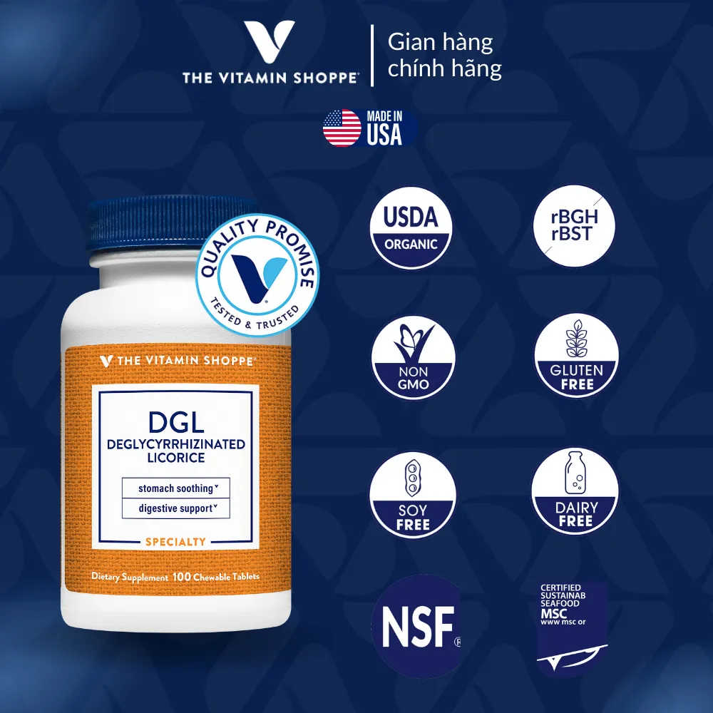 Ảnh Viên Nhai Giảm Viêm Loét Dạ Dày và Trào Ngược The Vitamin Shoppe DGL 100 viên 1