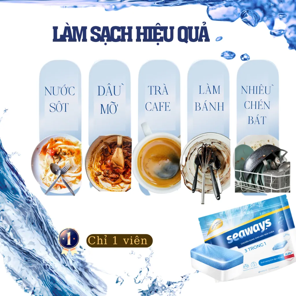 Ảnh Viên rửa chén bát SEAWAYS 3 trong 1 (Túi 35 viên x8gr) chuyên dùng cho máy rửa chén bát - An toàn, sạch hoàn hảo - KOCHI 3