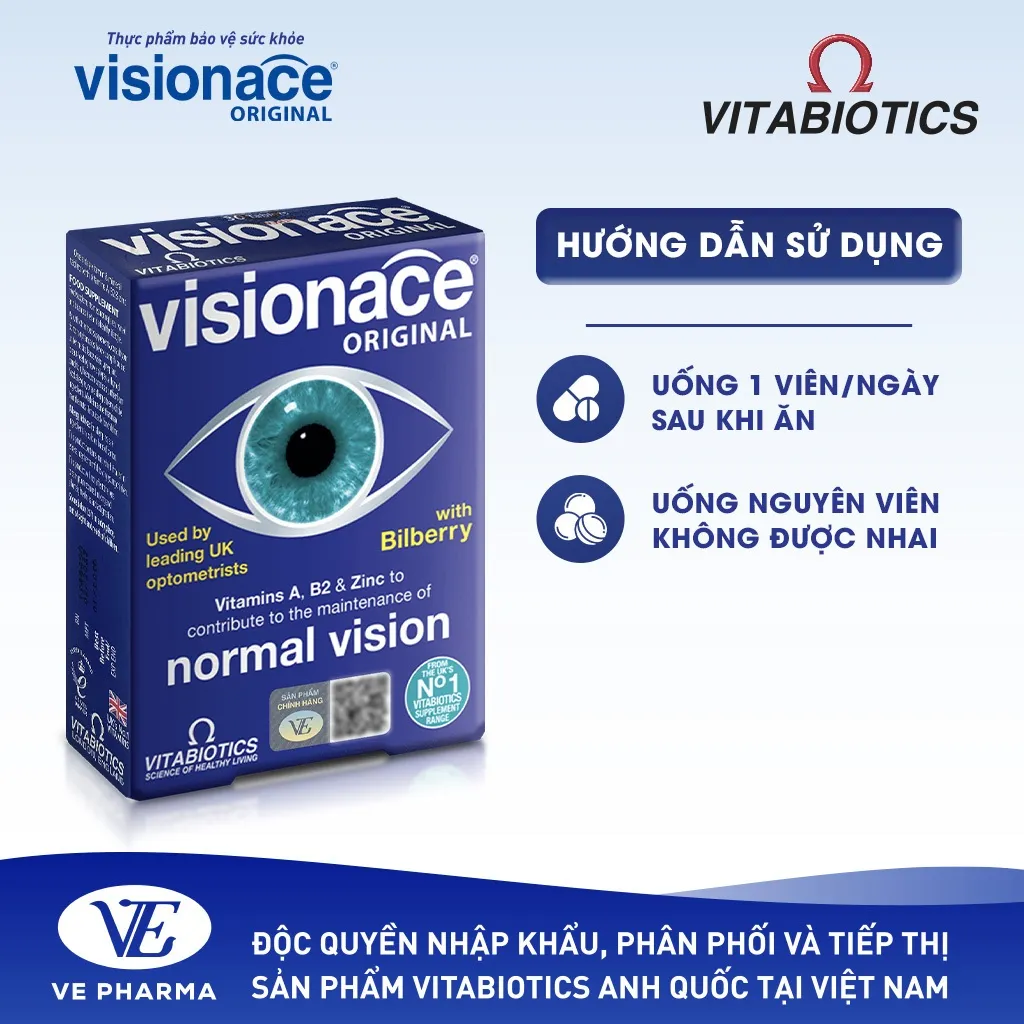 Ảnh Viên Uống Bổ Mắt, Cải Thiện Thị Lực Vitabiotics VISIONACE ORIGINAL Bổ Sung Các Vi Chất Dinh Dưỡng  Hộp 30 Viên 2