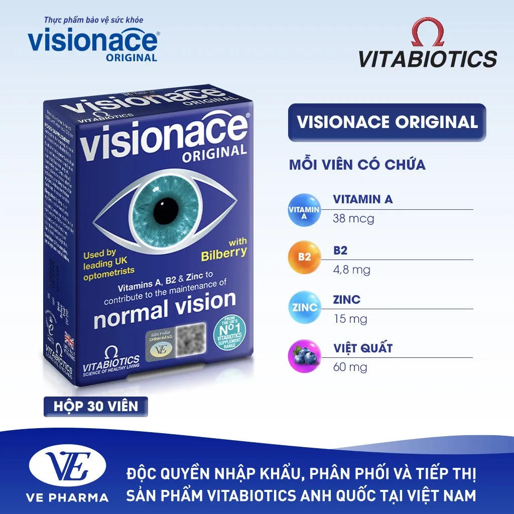 Ảnh Viên Uống Bổ Mắt, Cải Thiện Thị Lực Vitabiotics VISIONACE ORIGINAL Bổ Sung Các Vi Chất Dinh Dưỡng  Hộp 30 Viên 3