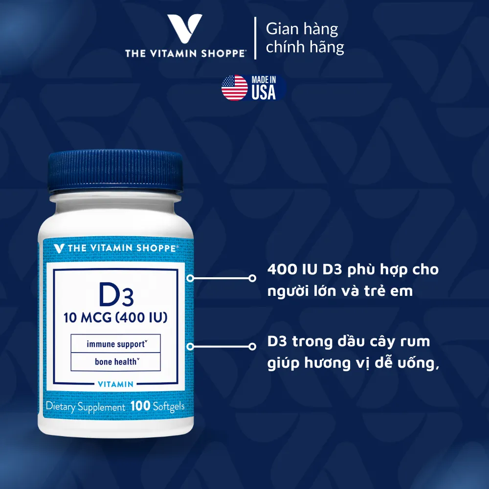Ảnh Viên Uống Bổ Sung Vitamin D3, Tăng Cường Hấp Thu Canxi The Vitamin Shoppe 100 viên 400 IU/ 2000 IU 2