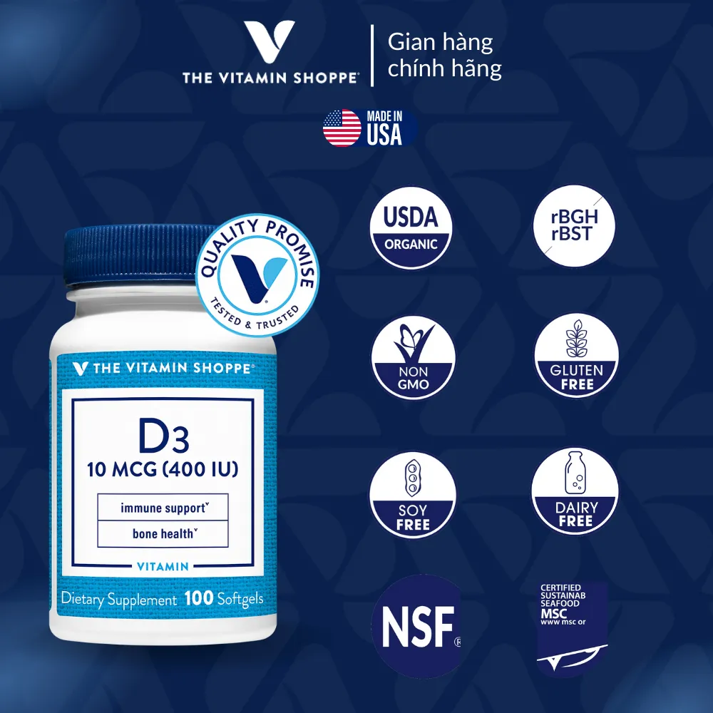 Ảnh Viên Uống Bổ Sung Vitamin D3, Tăng Cường Hấp Thu Canxi The Vitamin Shoppe 100 viên 400 IU/ 2000 IU 3