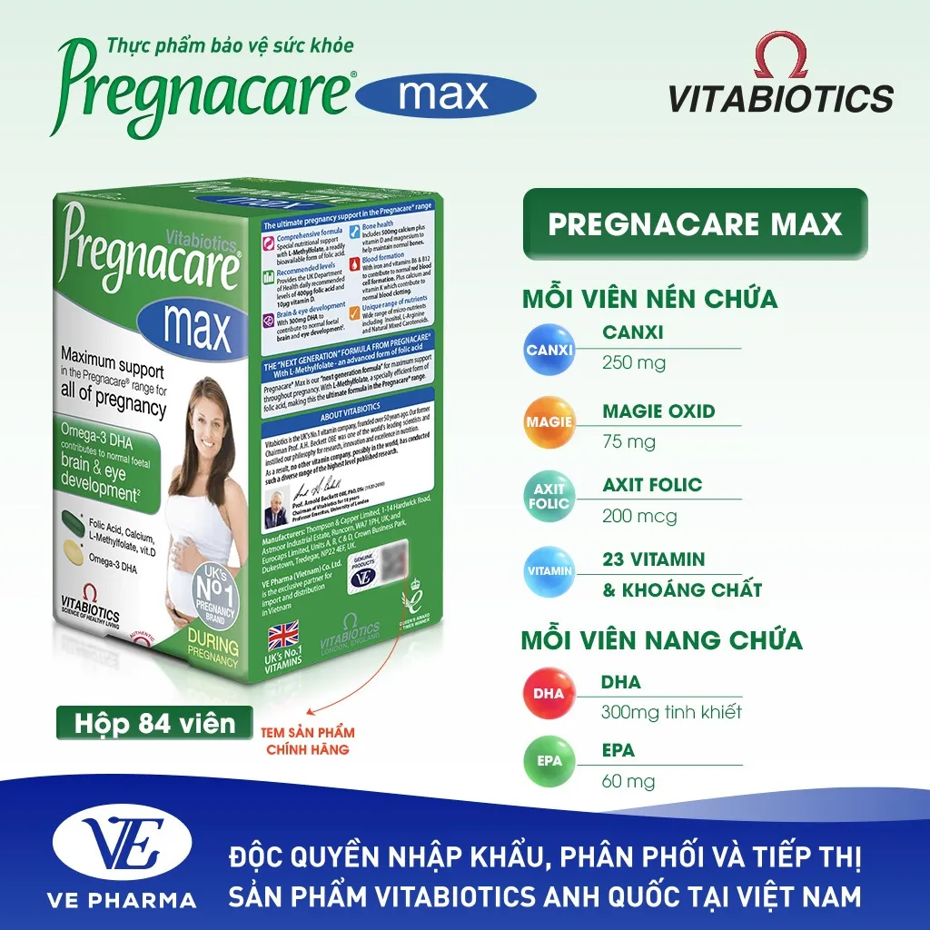 Ảnh Viên Uống Cho Phụ Nữ Mang Thai & Cho Con Bú Vitabiotics PREGNACARE Max Bổ Sung Canxi, Acid Folic Và Omega – 3, 84 Viên 3