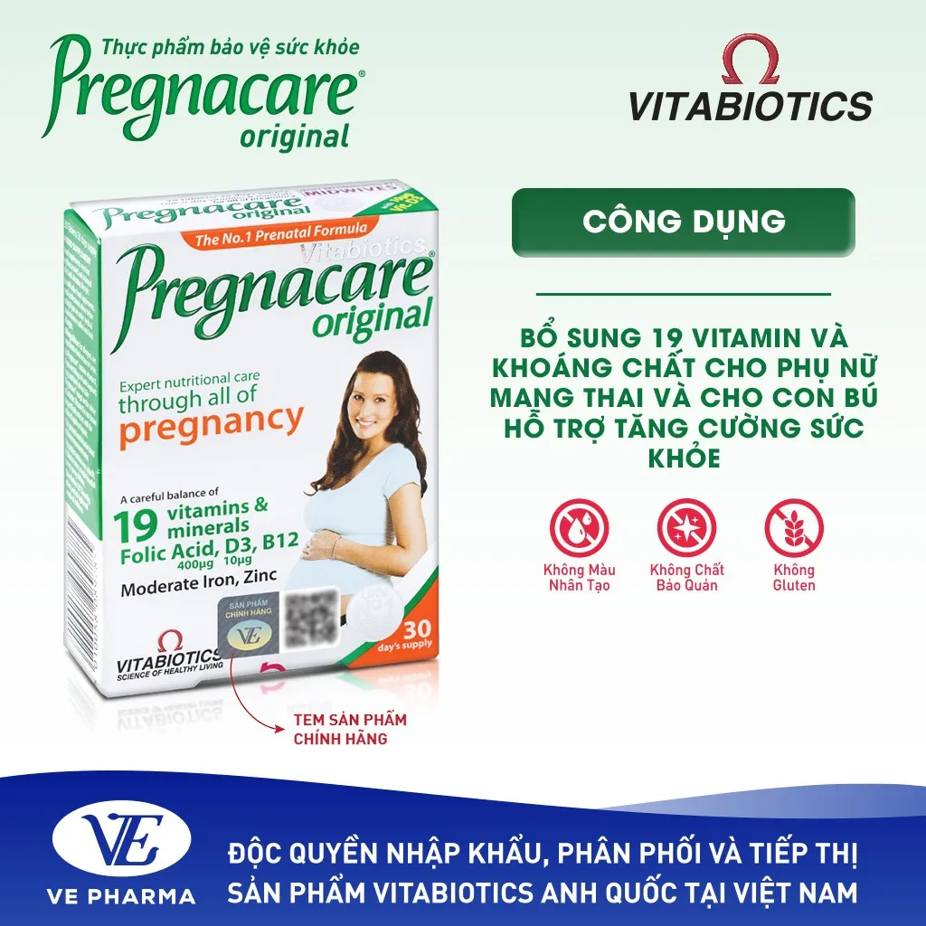 Ảnh Viên Uống Cho Phụ Nữ Mang Thai Và Cho Con Bú Vitabiotics PREGNACARE ORIGINAL Bổ Sung Vitamin & Khoáng Chất Hộp 30 Viên 2