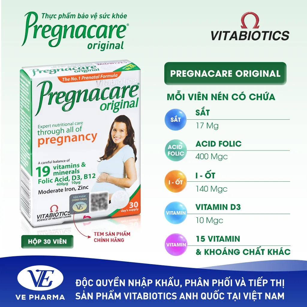 Ảnh Viên Uống Cho Phụ Nữ Mang Thai Và Cho Con Bú Vitabiotics PREGNACARE ORIGINAL Bổ Sung Vitamin & Khoáng Chất Hộp 30 Viên 4