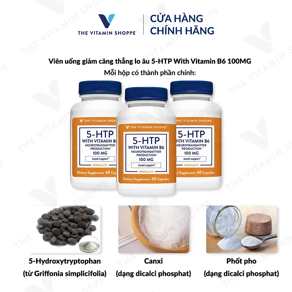 Ảnh Viên uống giảm căng thẳng lo âu THE VITAMIN SHOPPE 5-HTP With Vitamin B6 100MG 60/120 viên 2