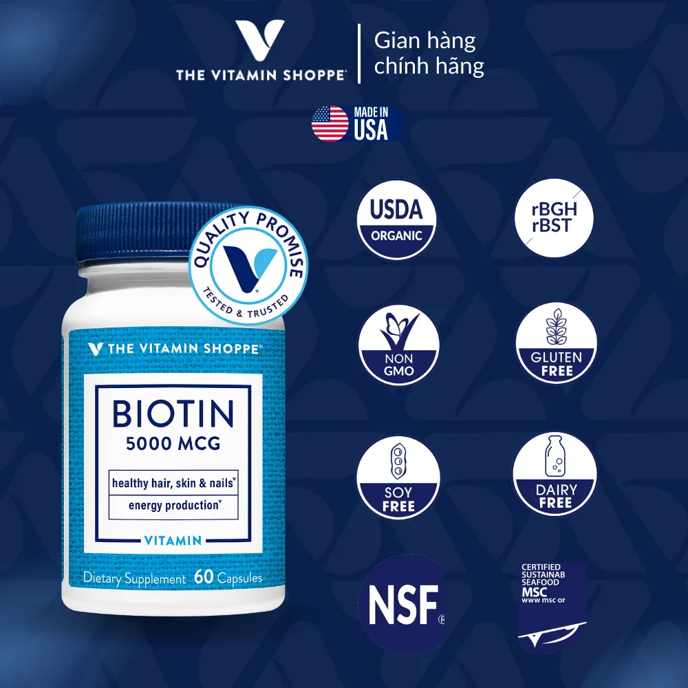 Ảnh Viên Uống Hỗ Trợ Sức Khỏe Da, Tóc, Móng THE VITAMIN SHOPPE Biotin 5000 MCG 2