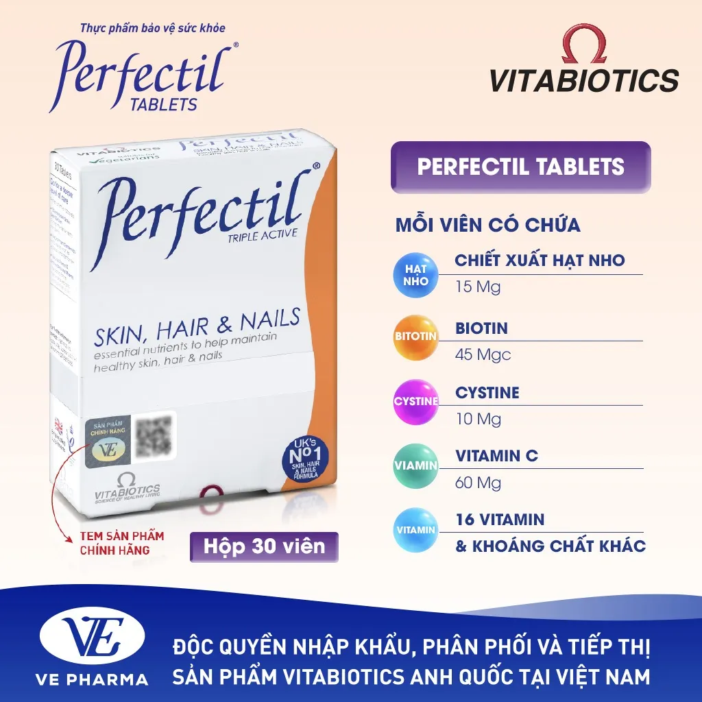 Ảnh Viên Uống Làm Đẹp Da, Tóc & Móng Vitabiotics PERFECTIL Bổ Sung Biotin Và Vitamin Ngừa Oxy Hóa Hộp 30 Viên 3