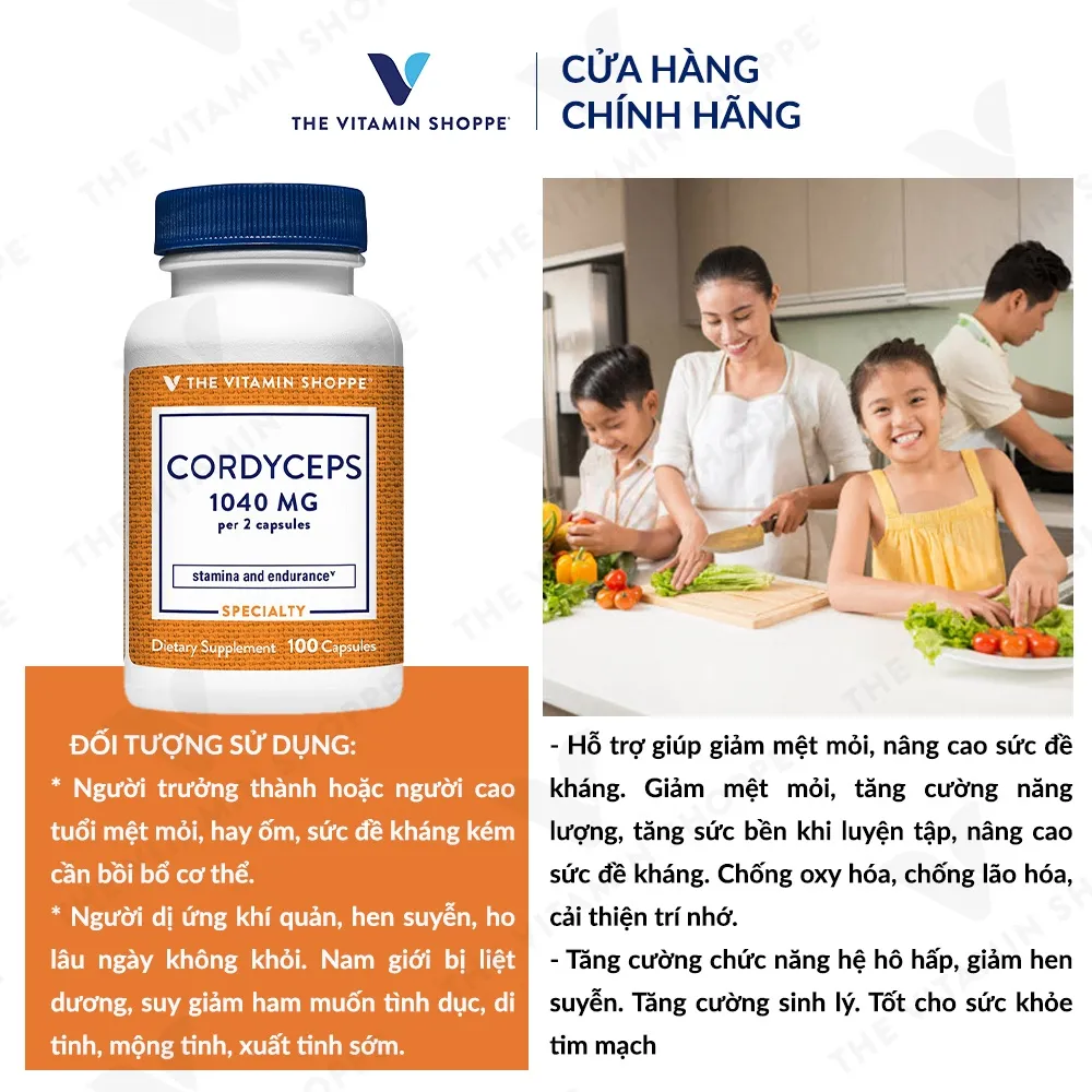 Ảnh Viên uống đông trùng hạ thảo THE VITAMIN SHOPPE Cordyceps 1040 MG tăng sức đề kháng 100 viên 2