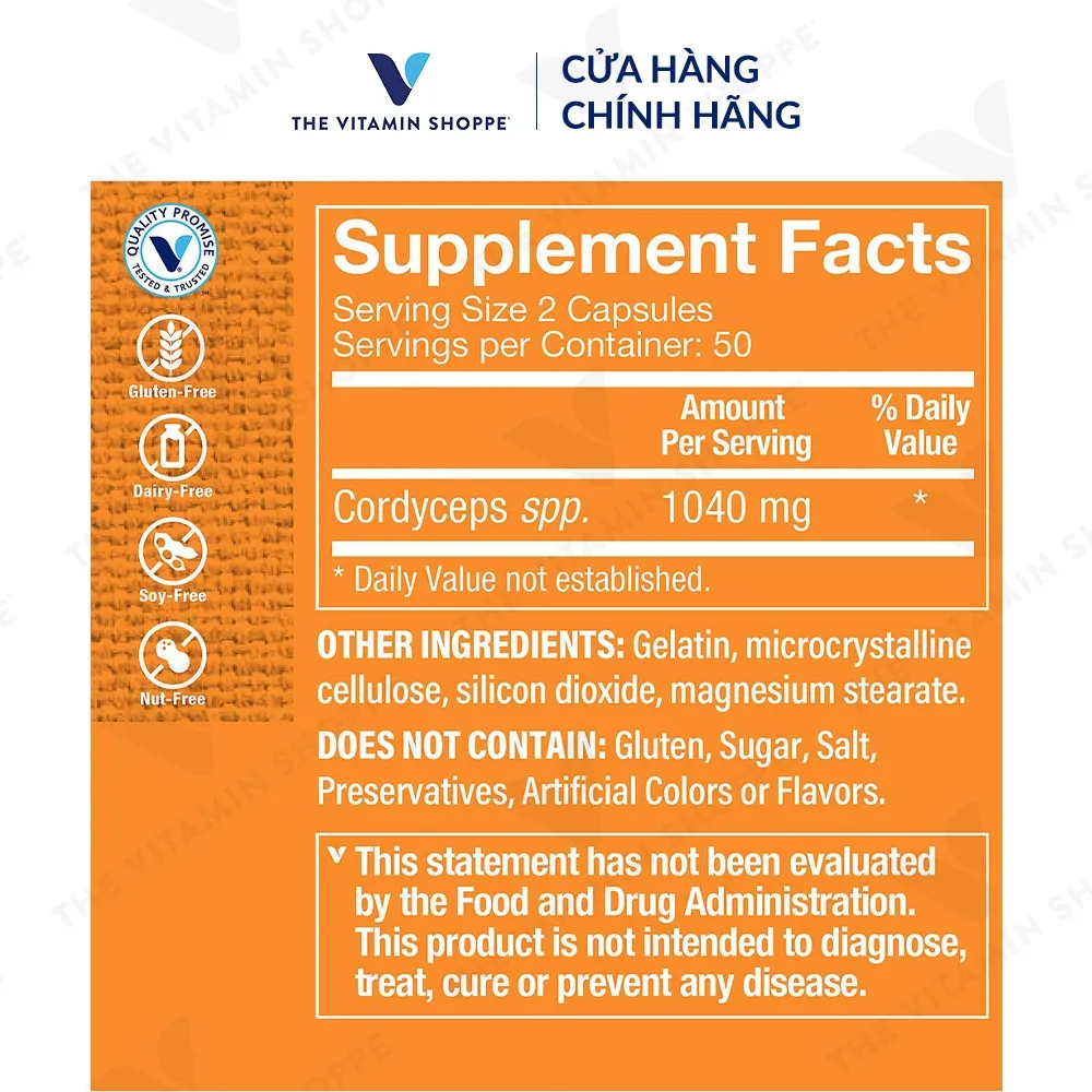 Ảnh Viên uống đông trùng hạ thảo THE VITAMIN SHOPPE Cordyceps 1040 MG tăng sức đề kháng 100 viên 3