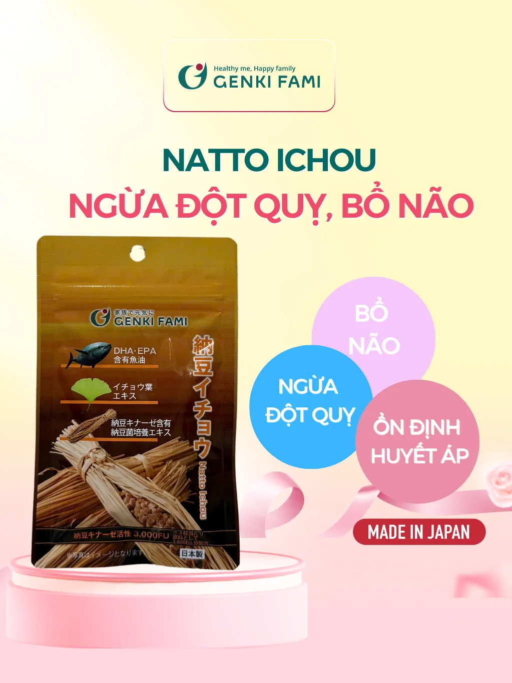 Ảnh Viên Uống Phòng Ngừa Đột Quỵ, Bổ Não, Giúp Ngủ Ngon Nattokinase 3000FU Natto Ichou Genki Fami Nhật Bản Gói 30 Viên 1