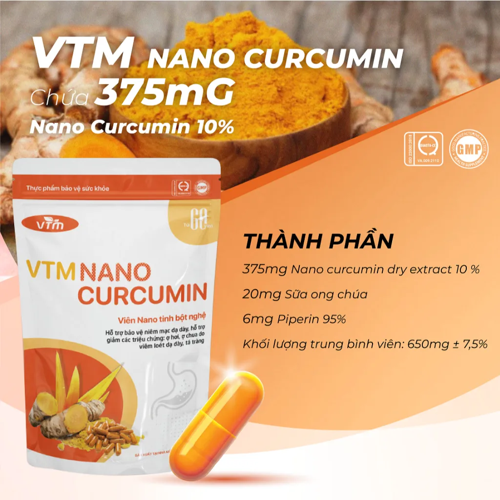 Ảnh Viên uống tinh bột nghệ VTM NANO CURCUMIN giảm viêm loét dạ dày, hành tá tràng - túi 60 viên 3