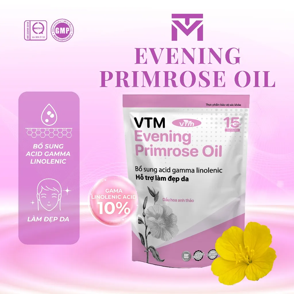 Ảnh Viên uống tinh dầu hoa anh thảo VTM Evening Primrose Oil, hỗ trợ cân bằng nội tiết tố, làm đẹp da, tóc, móng - 45 viên 1