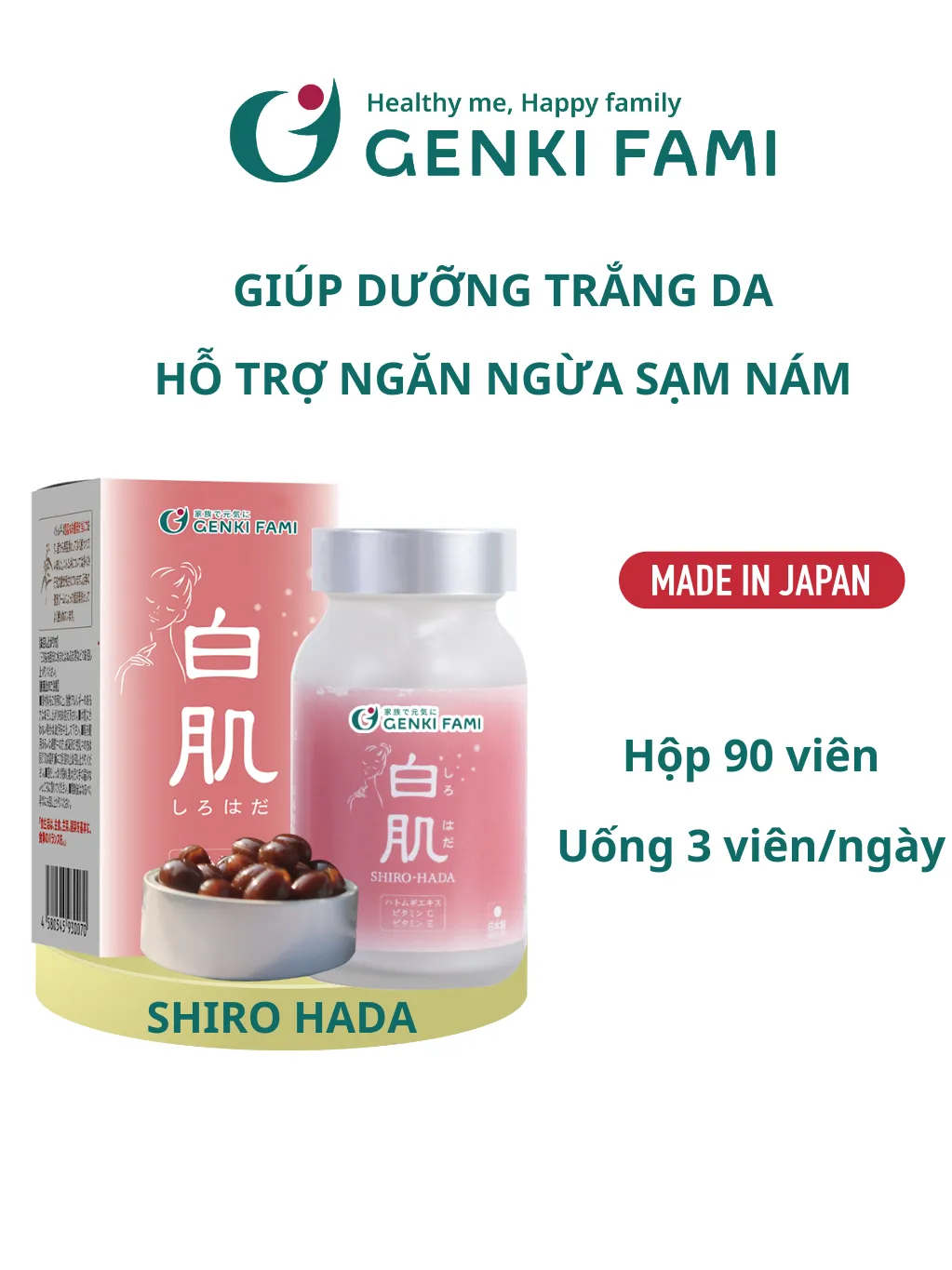 Ảnh Viên Uống Trắng Da, Ngăn Ngừa Lão Hóa, Sạm Nám, Tàn Nhang Giúp Da Đều Màu Từ Thiên Nhiên Shiro Hada Genki Fami Nhật Bản 2