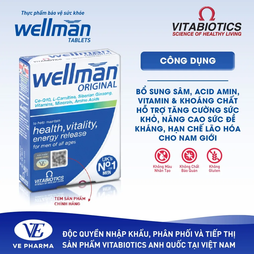 Ảnh Viên Uống Vitabiotics WELLMAN Tăng Cường Sức Khỏe, Hạn Chế Lão Hóa Cho Nam Giới Hộp 30 Viên 1