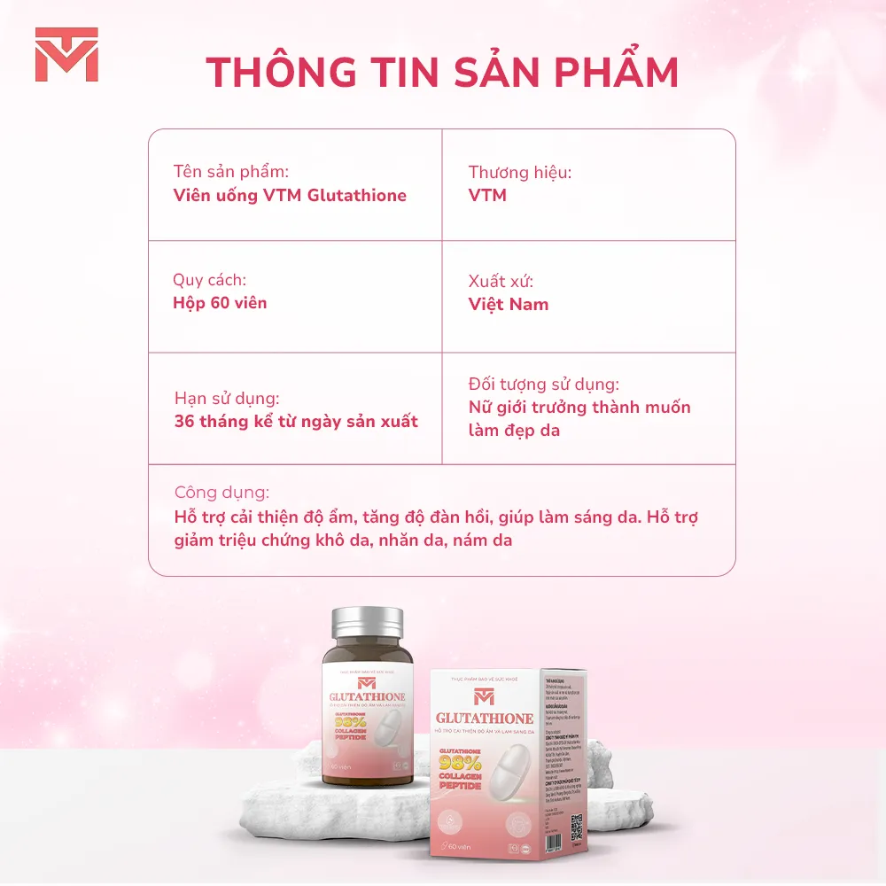 Ảnh Viên uống VTM Glutathione hỗ trợ làm sáng da, hỗ trợ giảm triệu chứng khô da, nhăn da, nám da - hộp 30 ngày 2